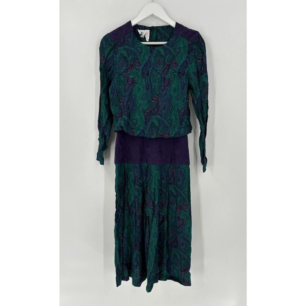 REO Vintage Dress Womens Medium Purple Green Paisley Long Sleeve Maxi Blouson